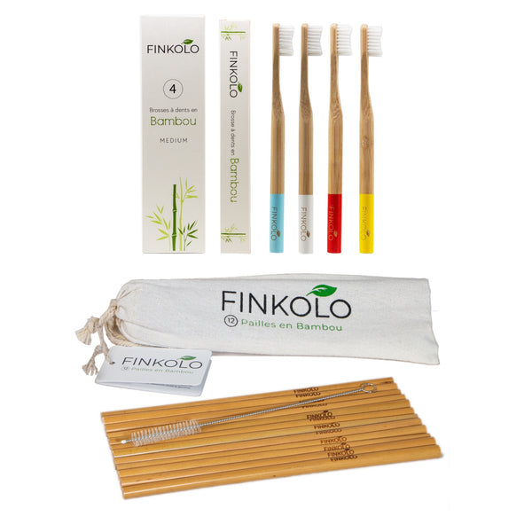 Pack de 4 Brosses à Dents + Set de 12 Pailles en Bambou